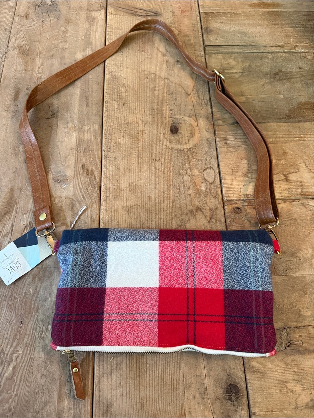 Plaid Crossbody Clutch Bag with Brown Strap - Red Multi